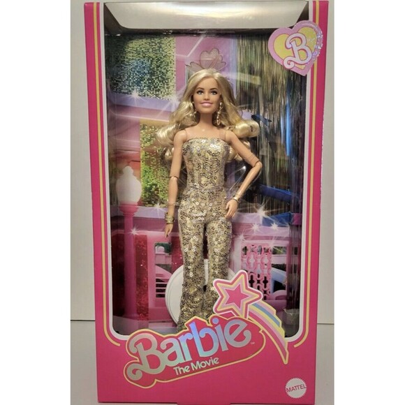 Barbie The Movie Margot Robbie Gold Disco Jumpsuit Doll NEW - Picture 1 of 5